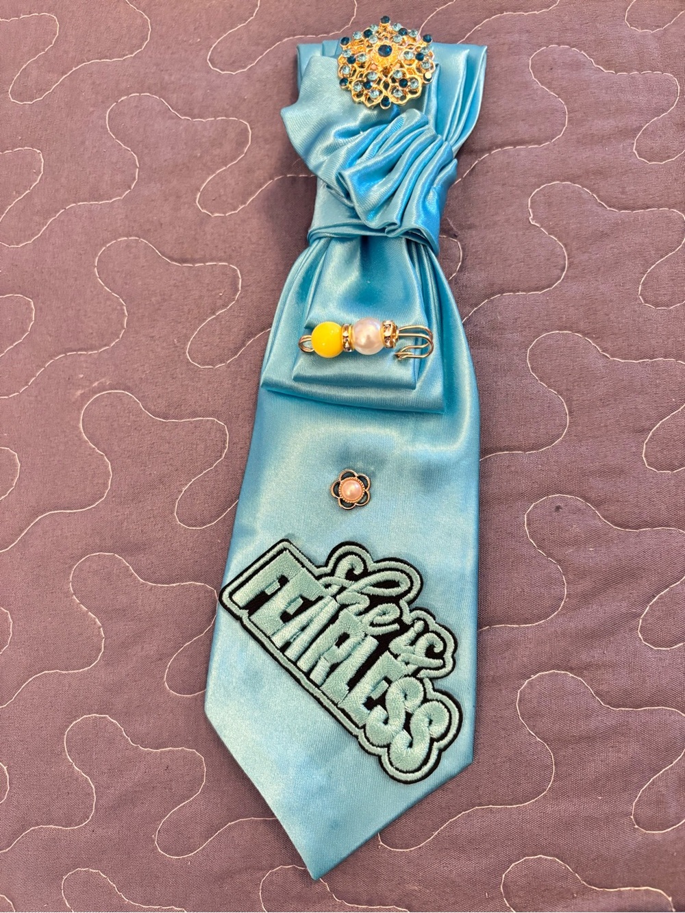 Women satin necktie Accessory with Floral Pin